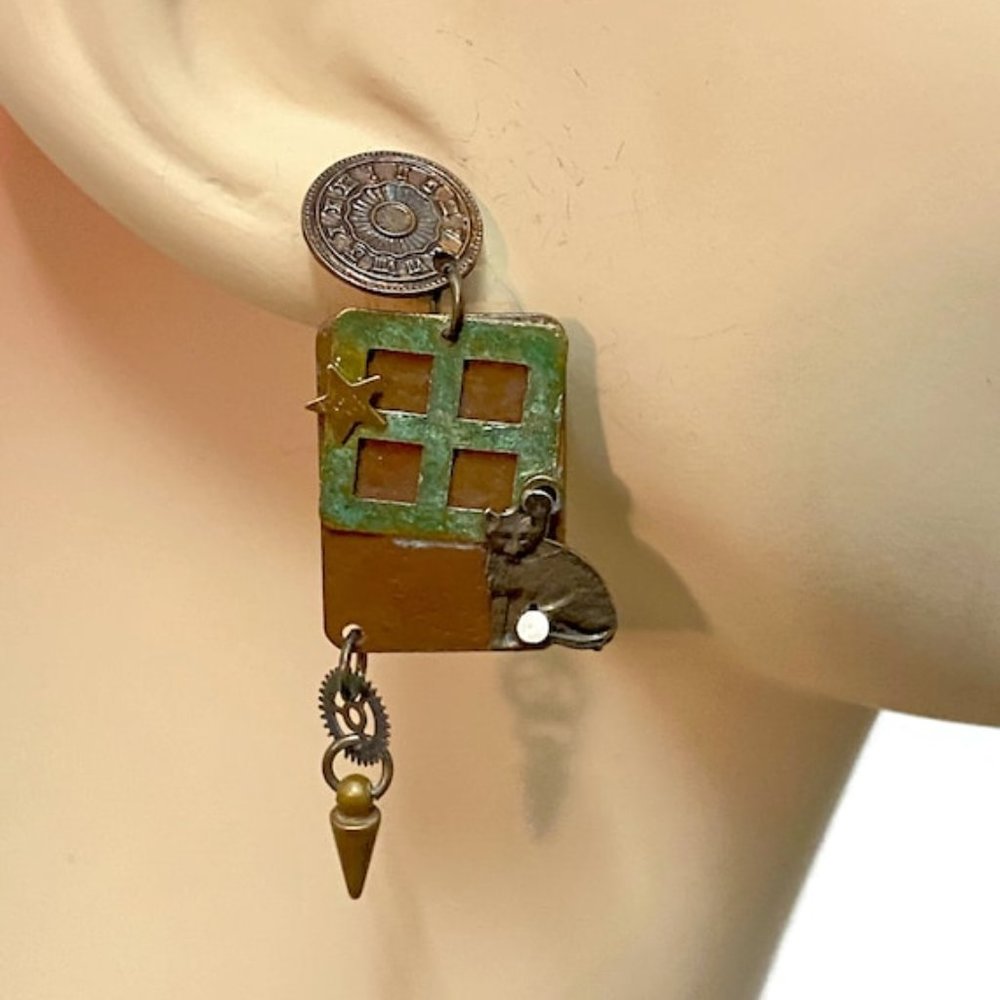Funky Earrings, Cat in Window, Clock, Handcrafted, Unique, Steampunk, Vintage